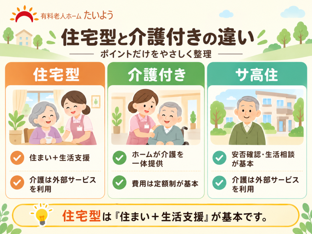 住宅型有料老人ホーム・介護付き有料老人ホーム・サービス付き高齢者向け住宅の違いを、介護の受け方や費用の仕組みで比較した図解