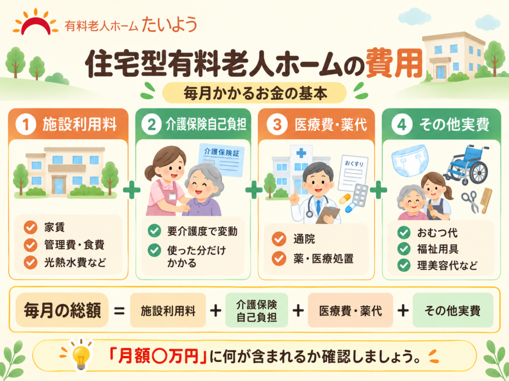 住宅型有料老人ホームの費用を、施設利用料、介護保険自己負担、医療費・薬代、その他実費の4つに分けて説明した図解